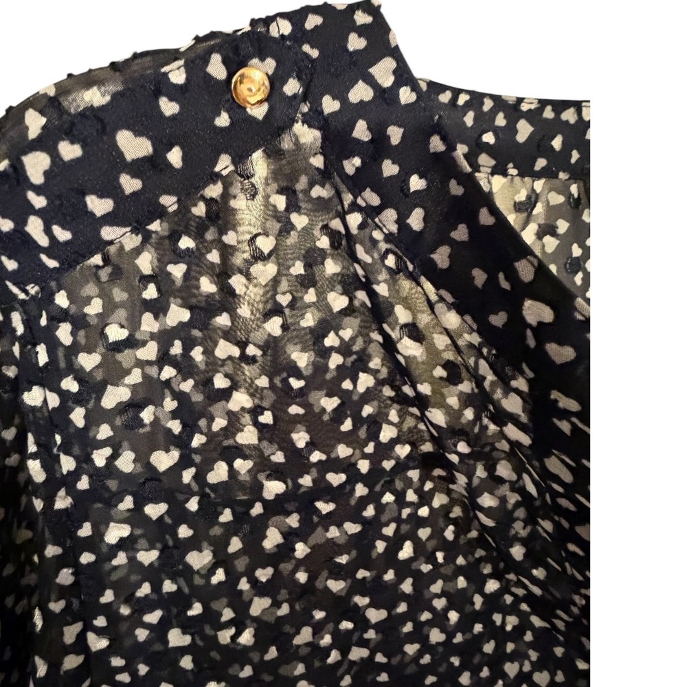 The Limited Navy Blue Heart Print Sheer Blouse Gold Button Roll Tab Sleeve S - Picture 6 of 11